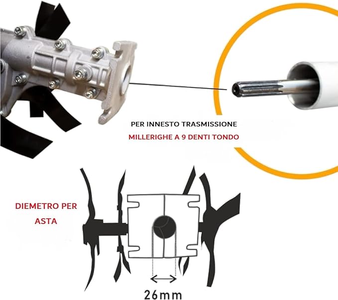 Gruppo zappette per decespugliatori motozappa per orto fresa ingranaggio Zappe 9 denti tubo Ø26 mm Universale