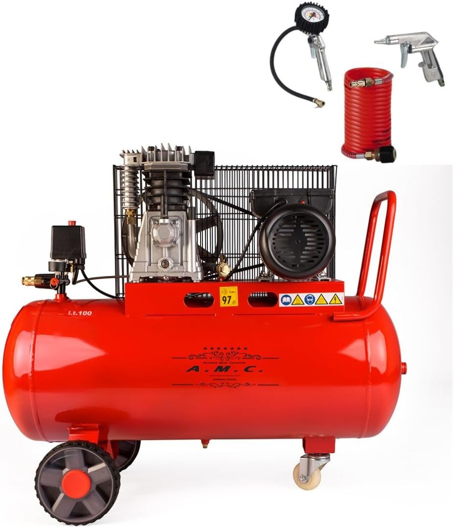 AMC Compressore ad aria pressione 8 bar elettrico coassiale 3 Hp incluso Kit Accessori motore potente termicamente silenziato protetto con Carcassa esterna in alluminio'