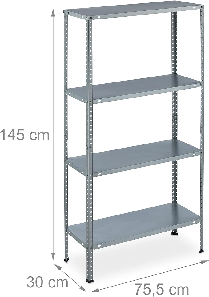 Scaffale in Metallo Zincato, capacità di 160 kg, HLP: 145x75,5x30 cm, 4 Ripiani, Acciaio, Cantina, Argento