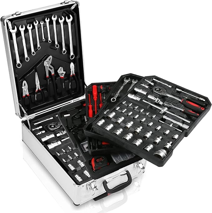 Trolley Set Attrezzi Utensili da Lavoro Professionali 399 pezzi Custodia Trolley Valigia 4 livelli Portattrezzi Cassetta Portautensili in Alluminio con Ruote e Manico Telescopico